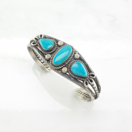 Native American Sterling Silver Cuff Bracelet Blue Turquoise Three Stone