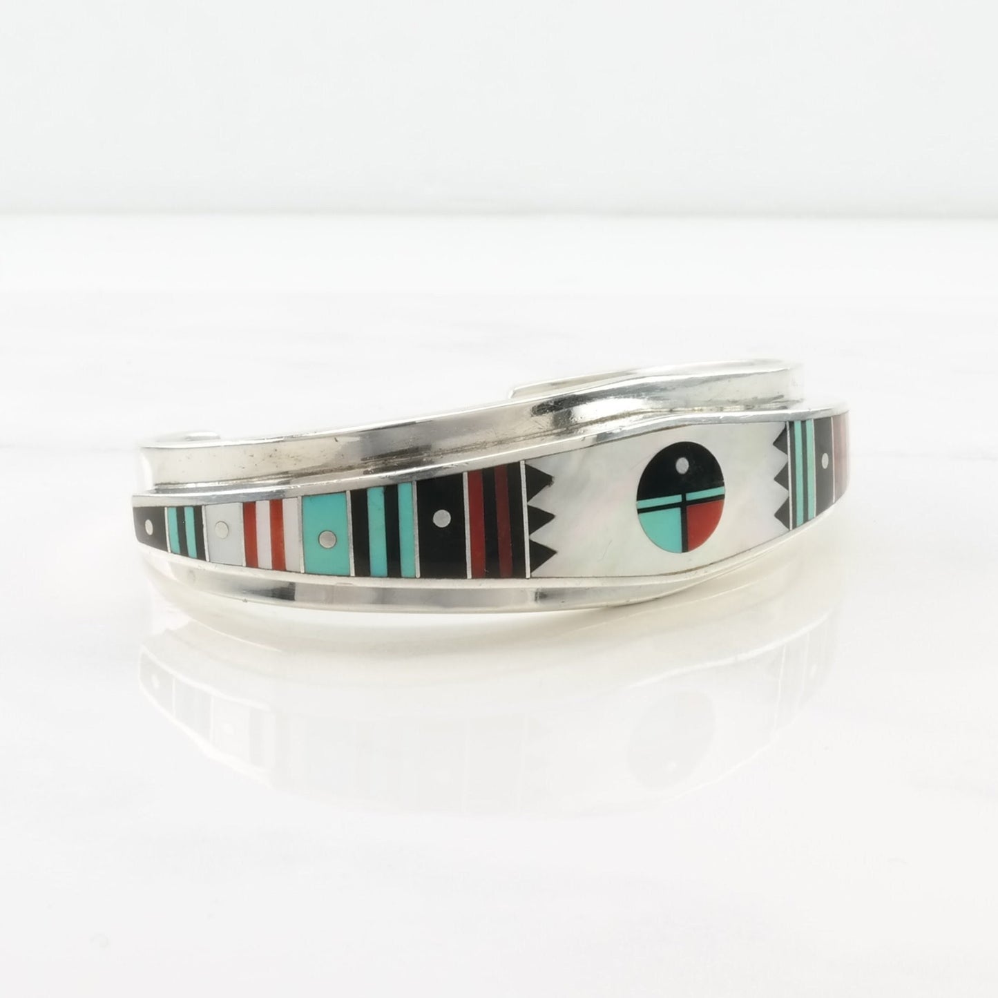 Native American, Benally Sterling Silver Cuff Bracelet MOP, Onyx, Turquoise, Coral Inlay