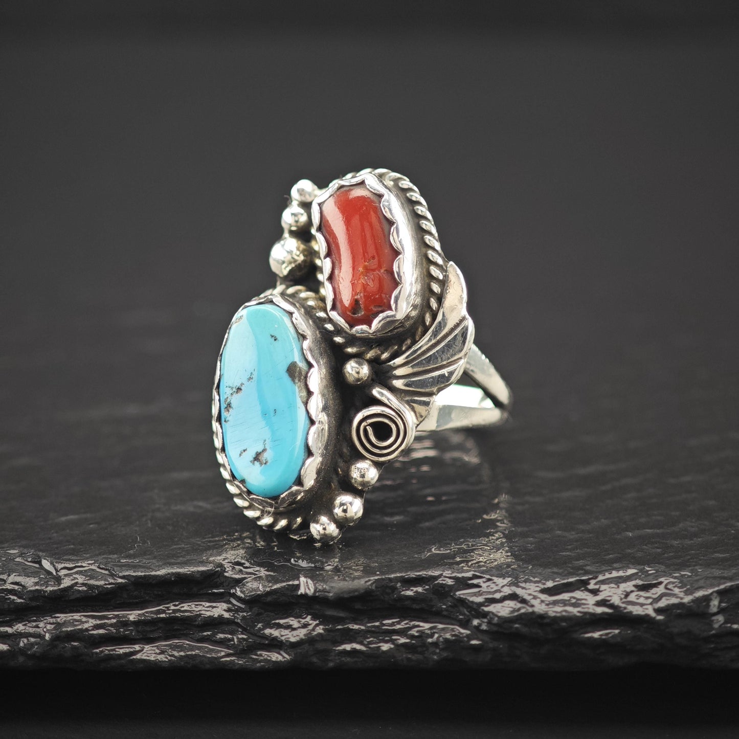 Native American Turquoise Coral Ring Sterling Silver
