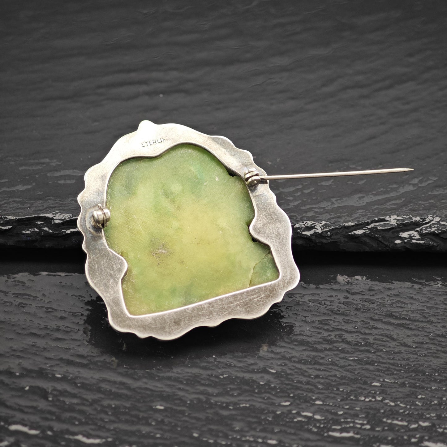 Vintage Green Tribal Mask Brooch Carved Jade Onyx in Sterling Silver
