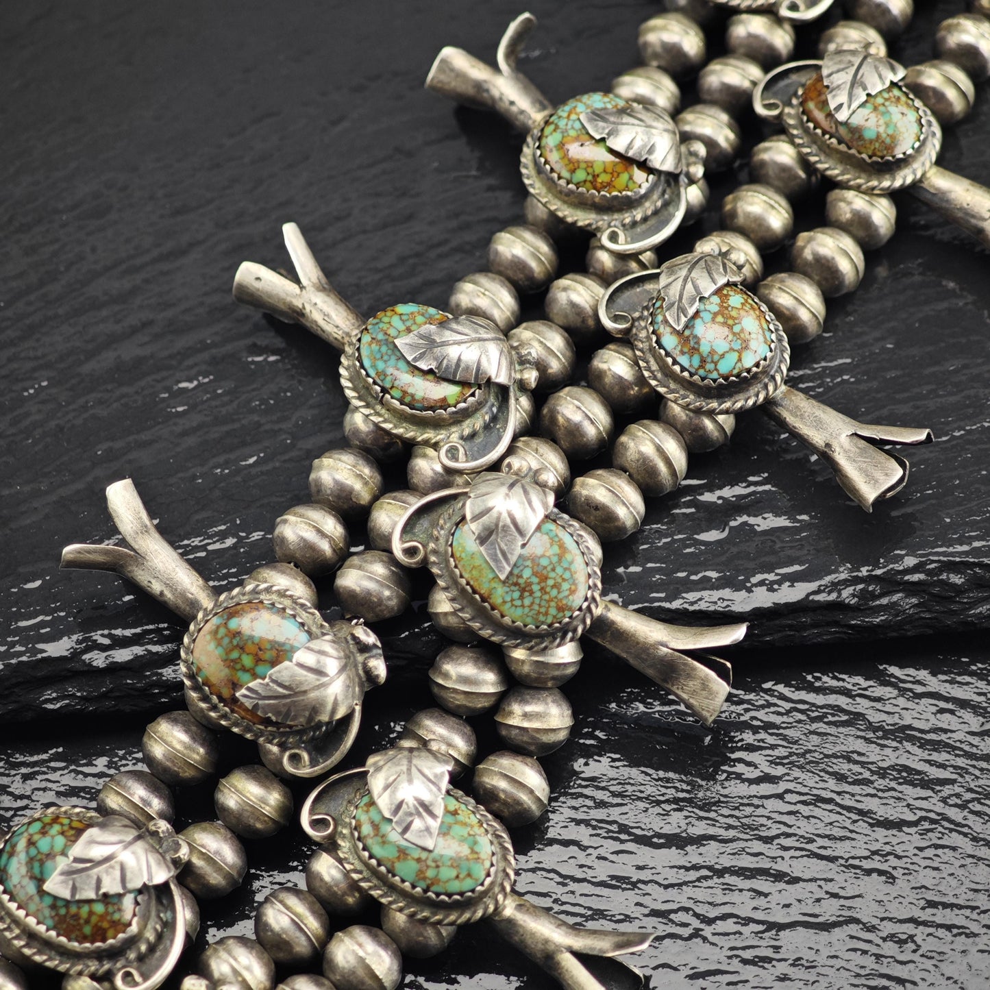 Vintage Navajo, Native American Royston Spiderweb Turquoise By Rose A. Chee Sterling Silver Squash Blossom Necklace N2767