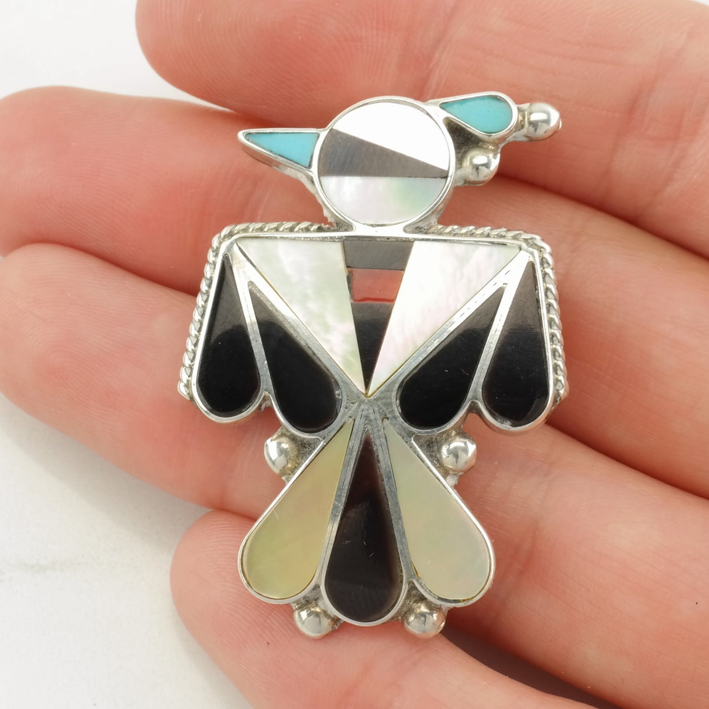 Vintage Native American Multi Gemstone Inlay, Thunderbird Sterling Silver Pendant