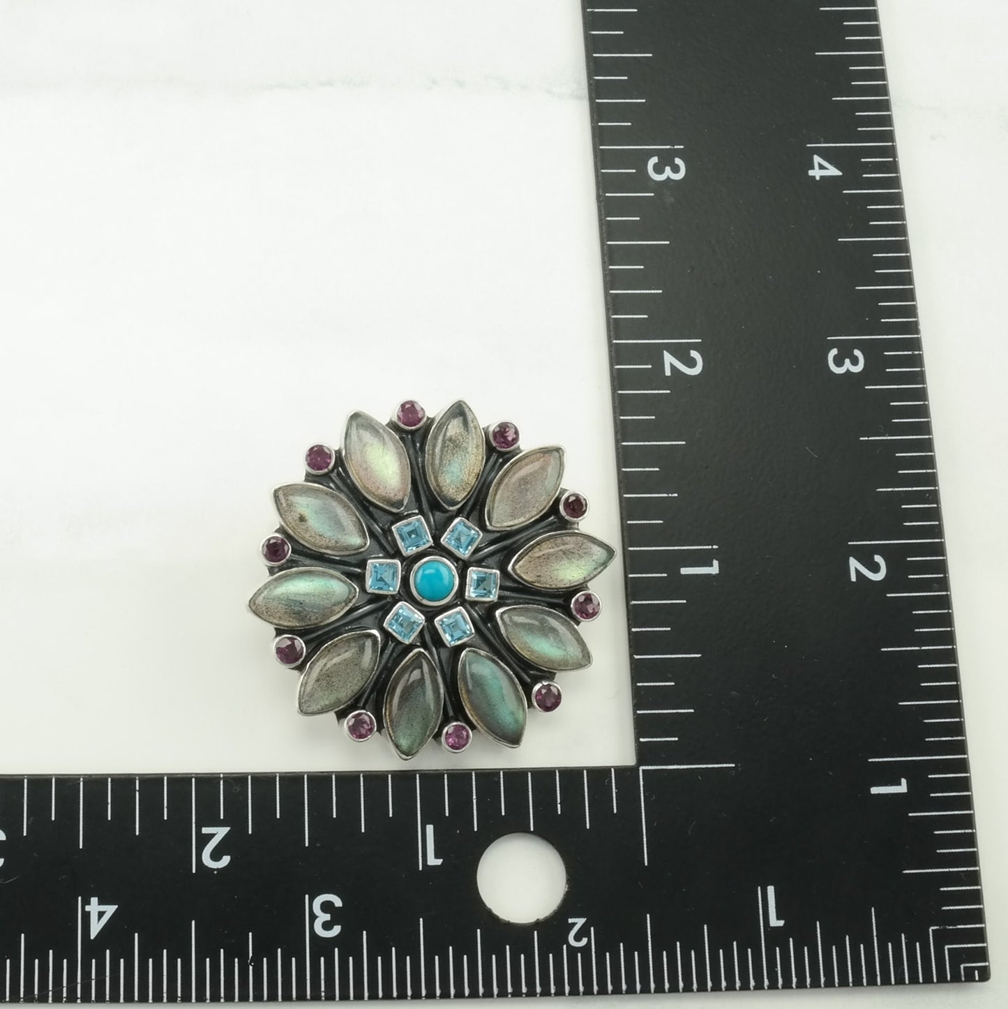 Vintage Nicky Butler Labradorite, Turquoise, Topaz Floral Sterling Silver Pendant