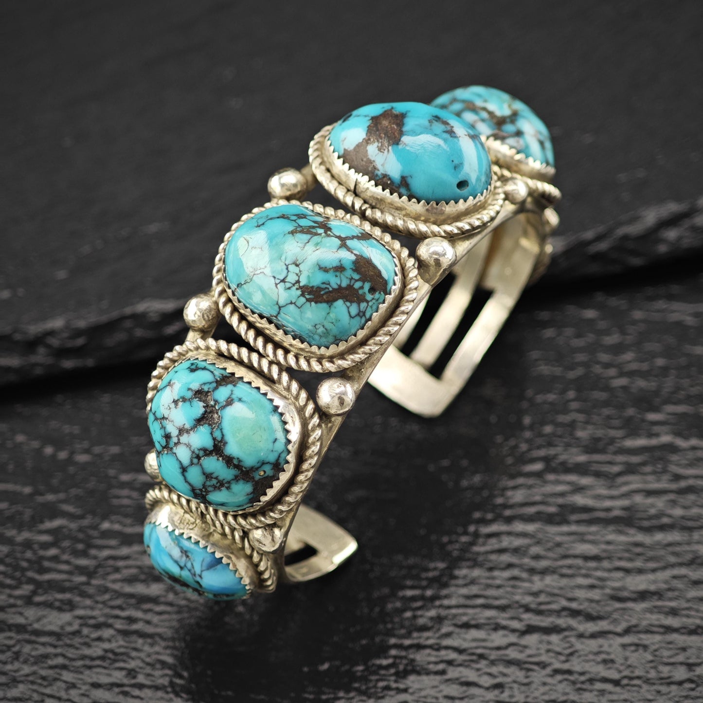 Vintage SW Six Spiderweb Turquoise Row Cuff Bracelet Sterling Silver Sz 6 1/2"