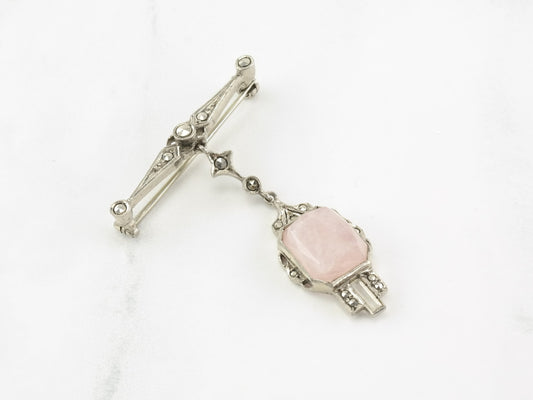 Art Deco Brooch Dangle Pink Quartz Marcasite Sterling Silver
