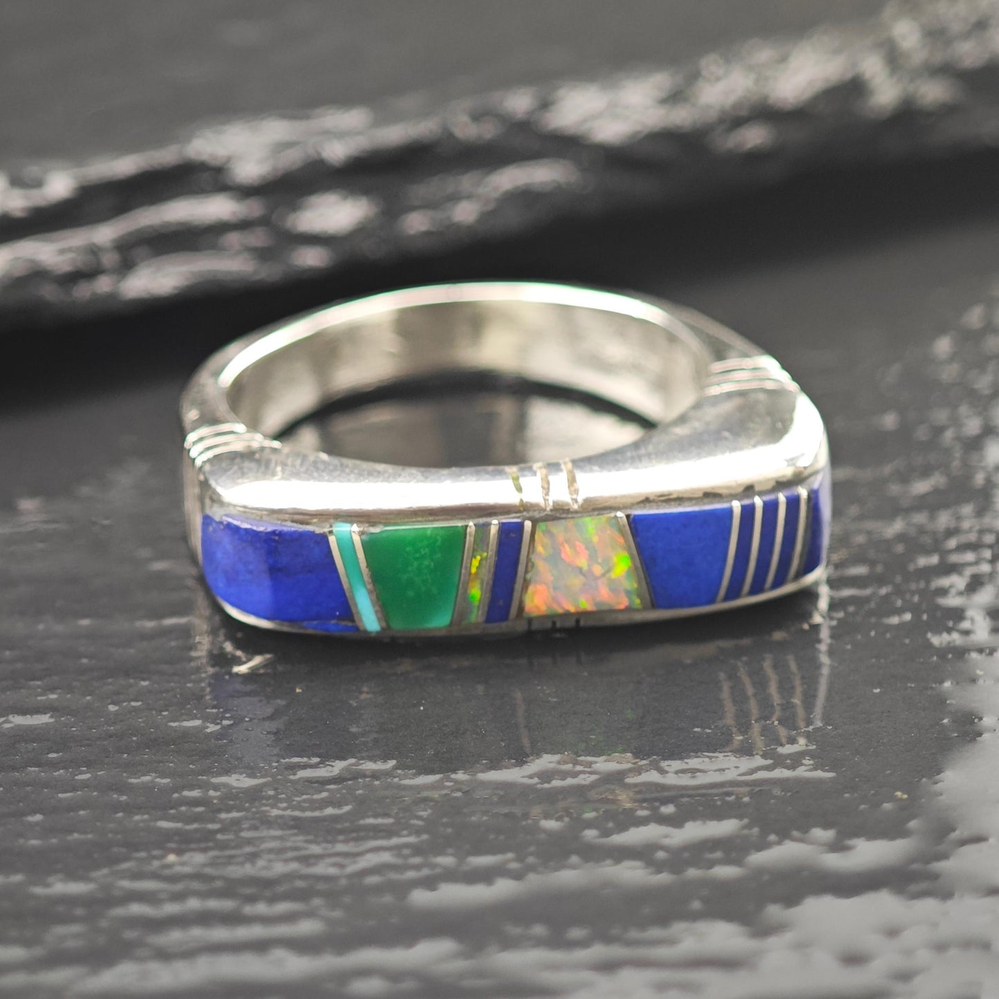 Native American Lapis, Turquoise, Lab Opal Inlay Ring Sterling Silver