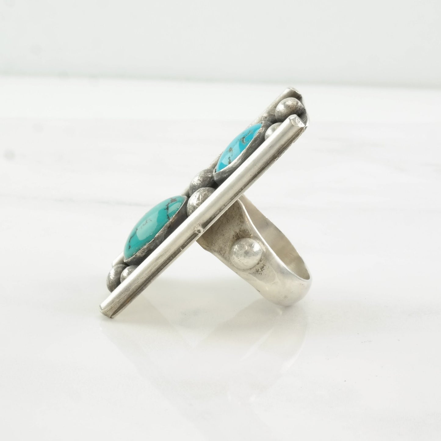 Vintage Native American Ring Turquoise Abstract Sterling Silver Size 8 1/4