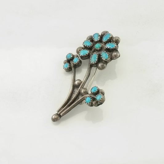 Vintage Zuni Brooch Sterling Silver Flower Blue Turquoise Petite Point