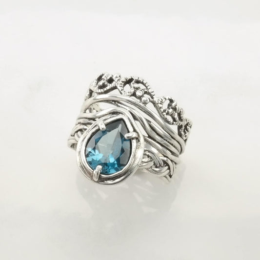 Israel Silver Ring Topaz Braided Sterling Blue Size 7 1/2