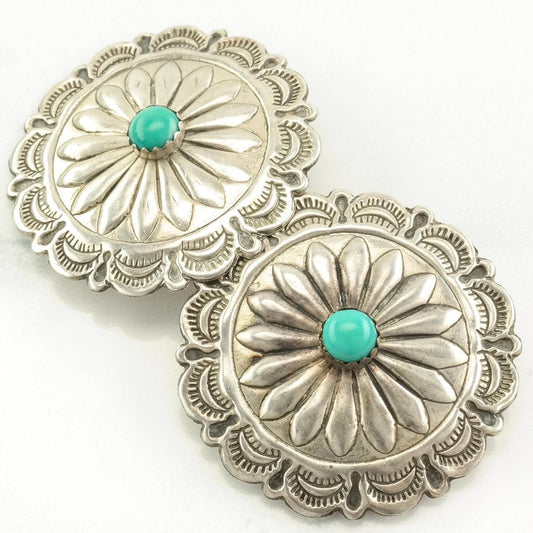 Native American Sterling Silver Blue Turquoise Concho Earrings Clip on