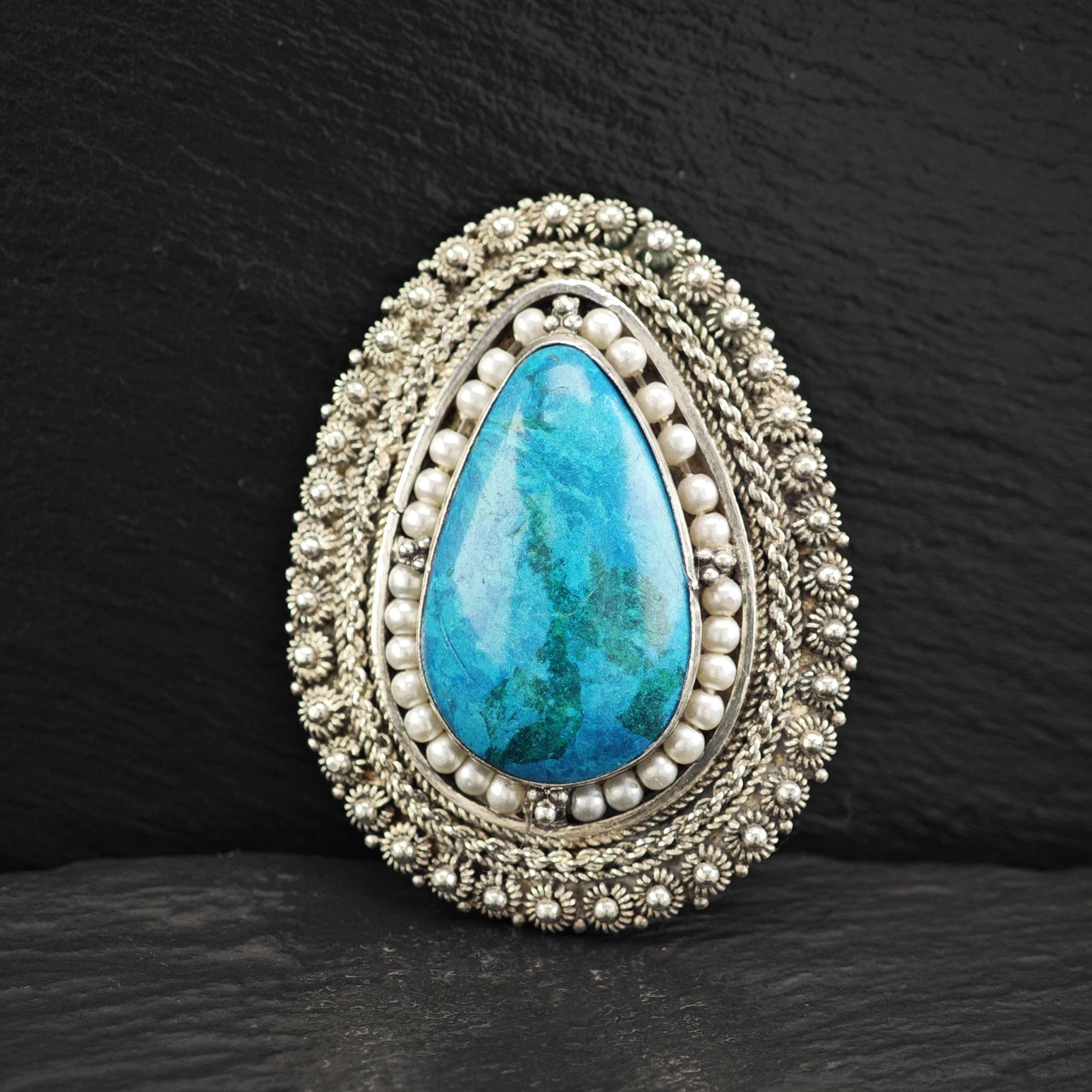 Jerusalem Blue Stone Teardrop Brooch Pendant with White Faux Pearls Sterling Silver