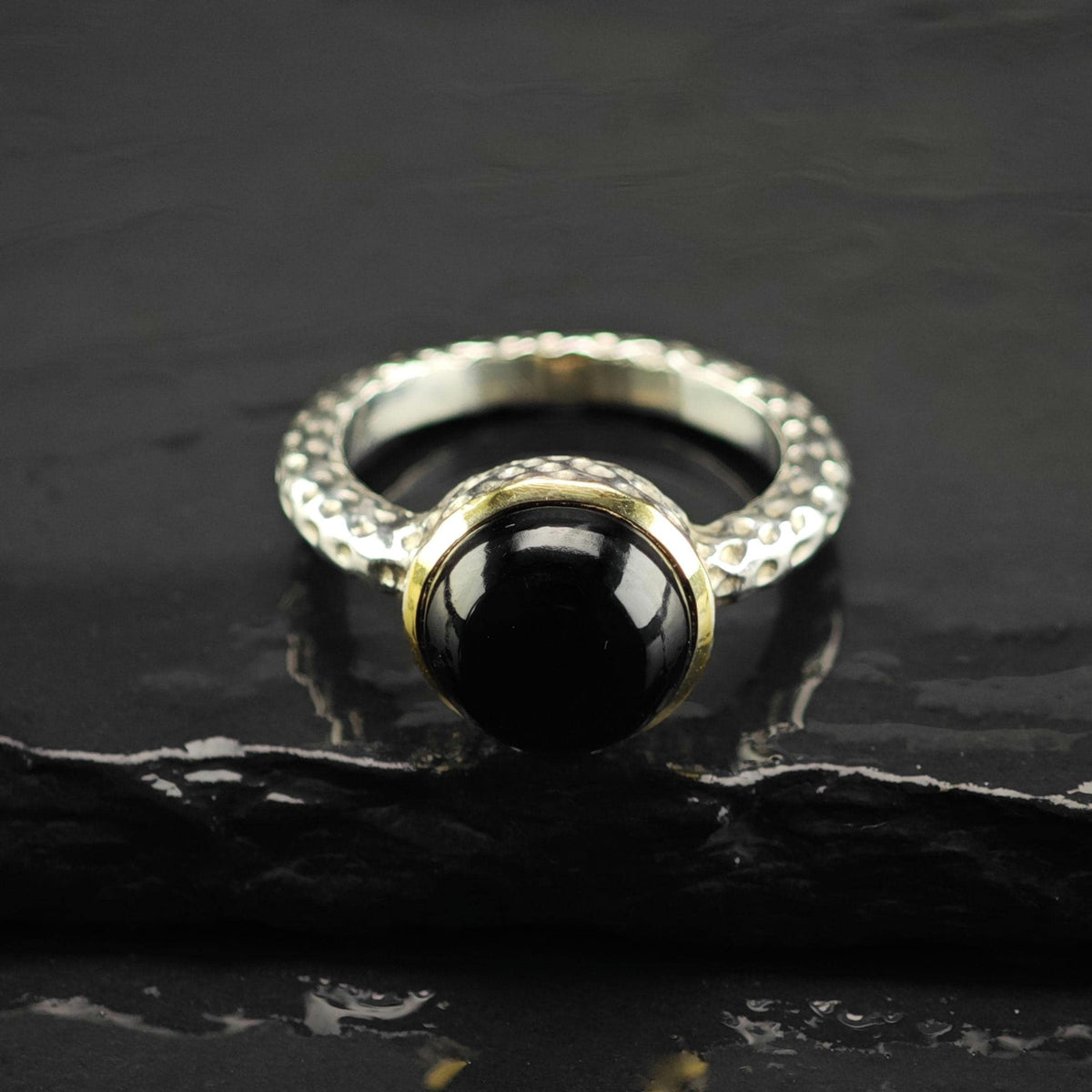 Vintage Midas Onyx 14K Gold Bezel Sterling Silver Ring Sz 7 R6859