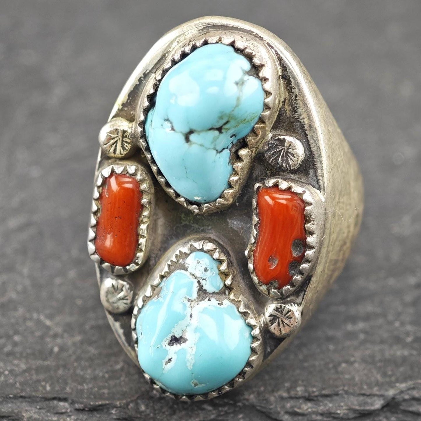 Native American, Coral, Turquoise Ring Sterling Silver