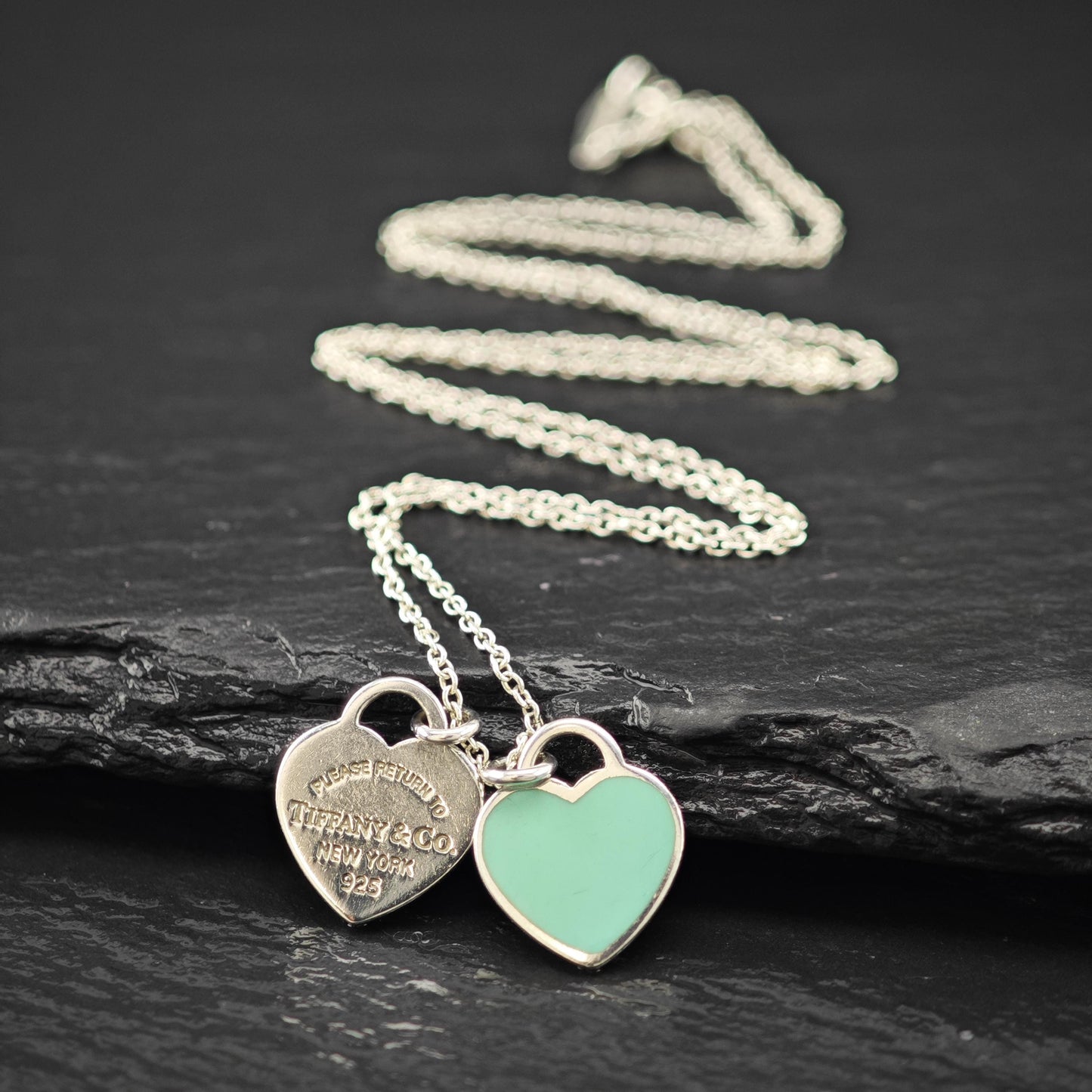 Vintage Tiffany Sterling Silver Teal Double Heart Enamel Necklace