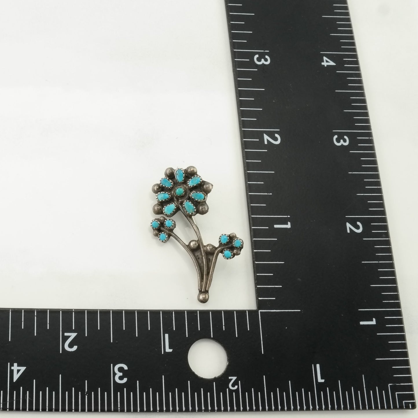 Vintage Zuni Brooch Sterling Silver Flower Blue Turquoise Petite Point