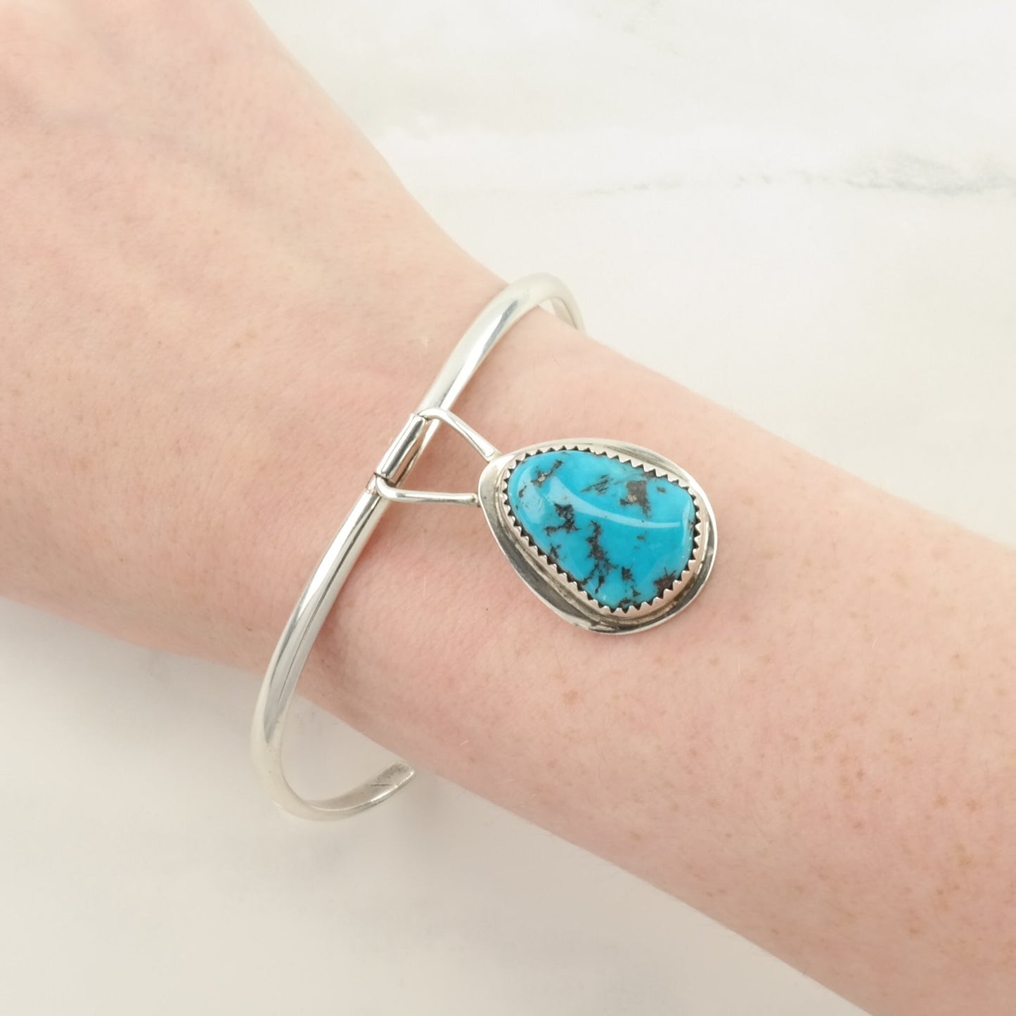 Vintage Southwest Sterling Silver Cuff Bracelet Blue Turquoise Hanging Pendant