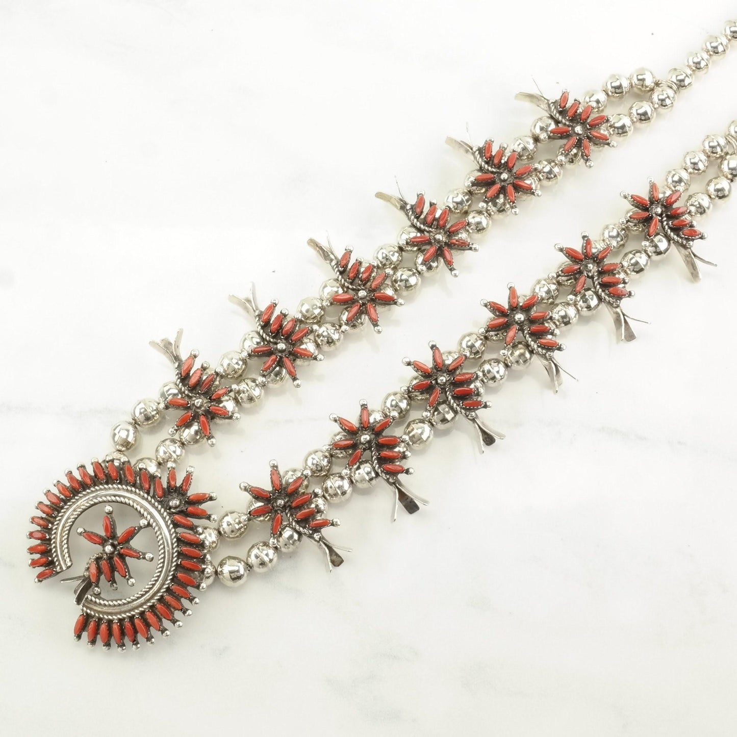 Zuni Sterling Silver Red Coral Petit Point Floral Squash Blossom Necklace 28" N2208