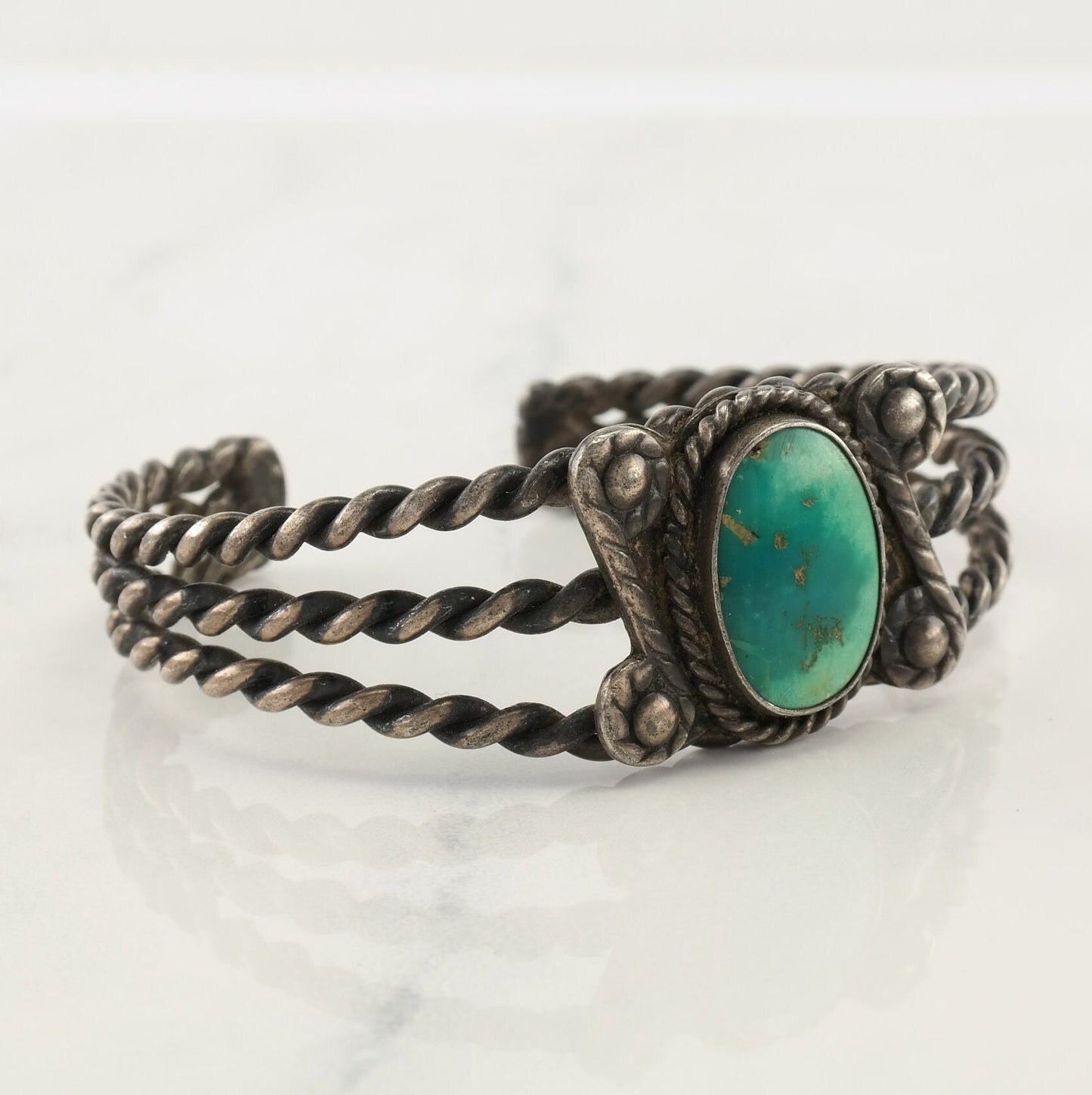 Native American Sterling Silver Cuff Bracelet Greenish Braided Rope Turquoise