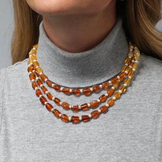 Mexican Fire Opal, Pearl Beaded Necklace 14K Yellow Gold N1781