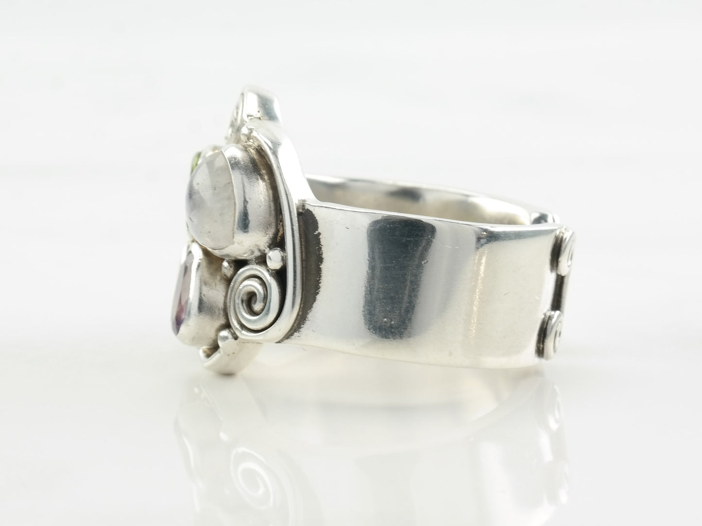 Vintage Sajen Ring Moonstone, Amethyst, Peridot Sterling Silver Size 8 1/2