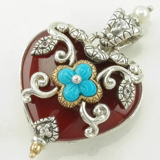 Vintage Barbara Bixby Carnelian, Turquoise, Pearl Heart, Floral Sterling Silver Pendant