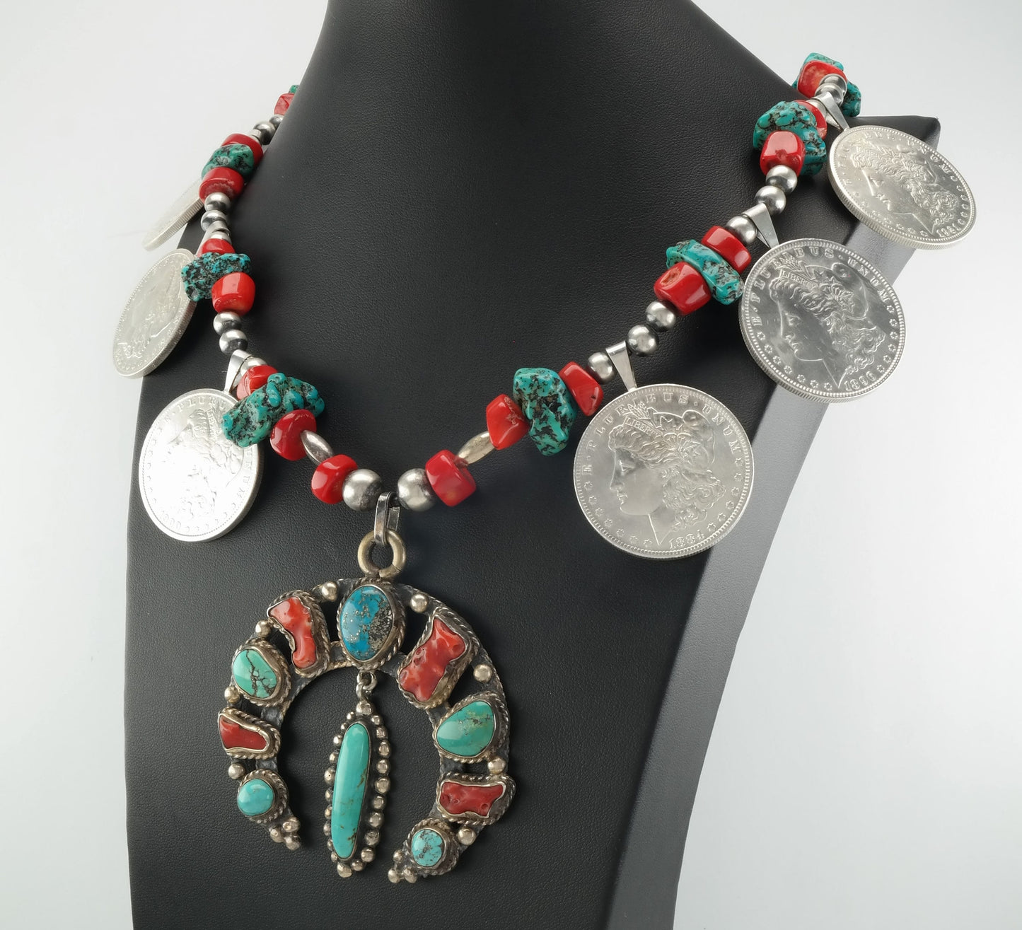 Iron Wolf Thompson Sterling Silver Turquoise, Coral, Morgan Dollars Squash Blossom Necklace