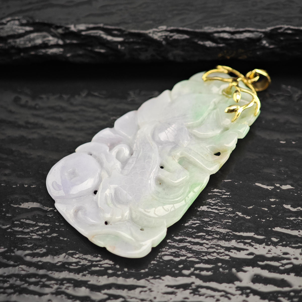 Carved Jadeite Jade 14K Yellow Gold Pendant P3102
