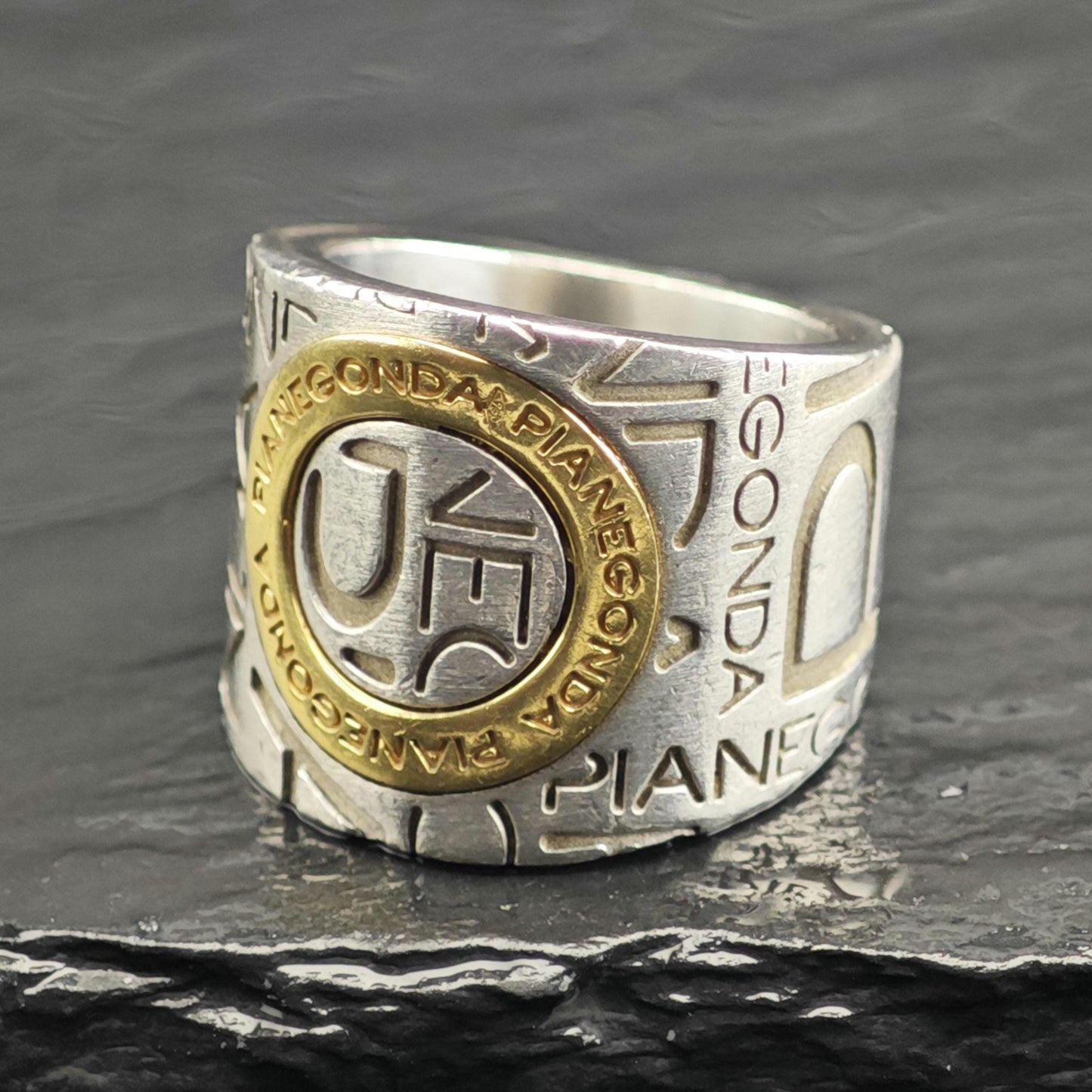Pianegonda Gold Accent Stamped Design Sterling Silver Ring Sz 6 1/2 R6641