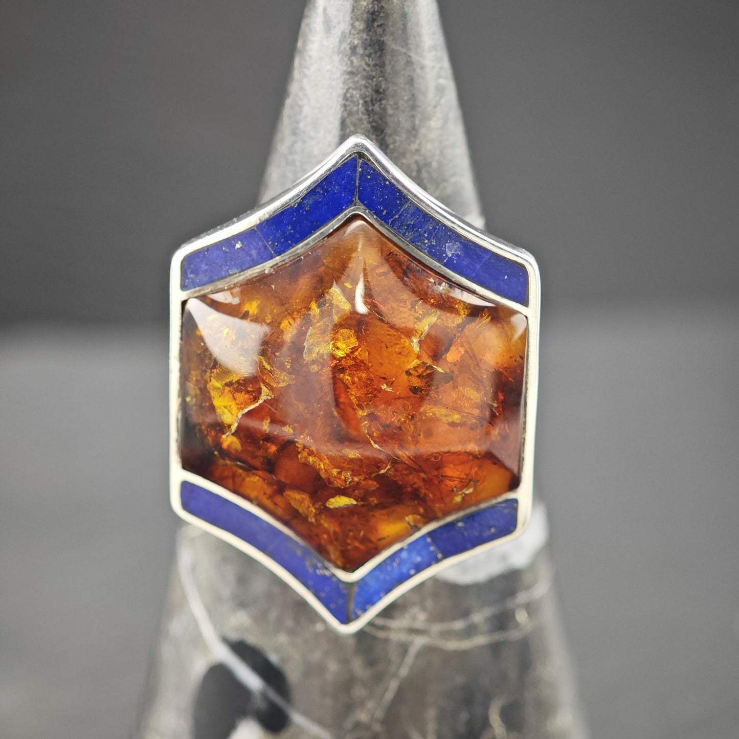 Amber and Lapis Ring Sterling Silver Size 9 R5957