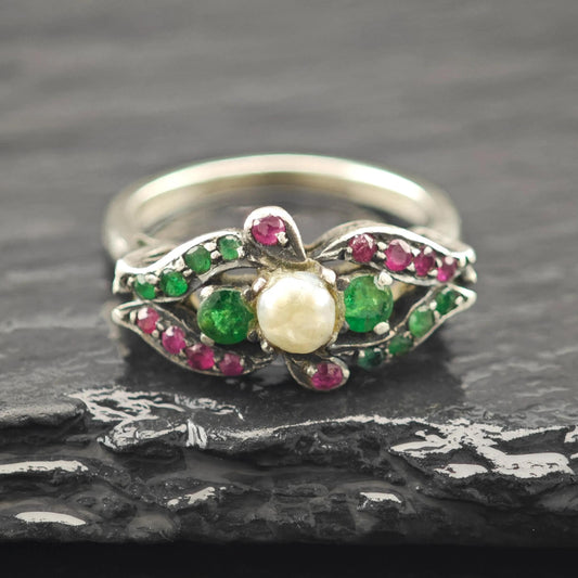 Antique Victorian Emerald Ruby Natural Pearl Ring Sterling Silver Size 6 3/4