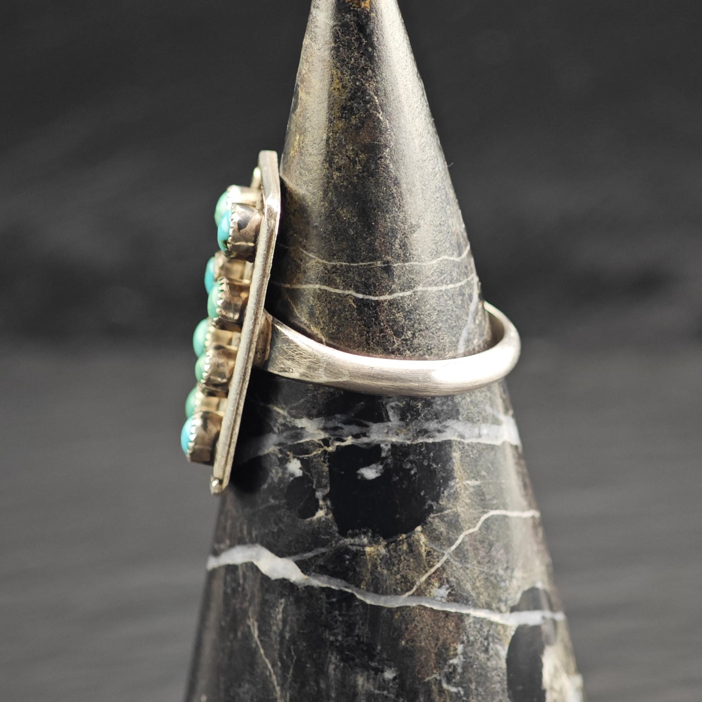Vintage Zuni Petit Point Turquoise Rectangular Sterling Silver Ring Sz 7 3/4 R6644