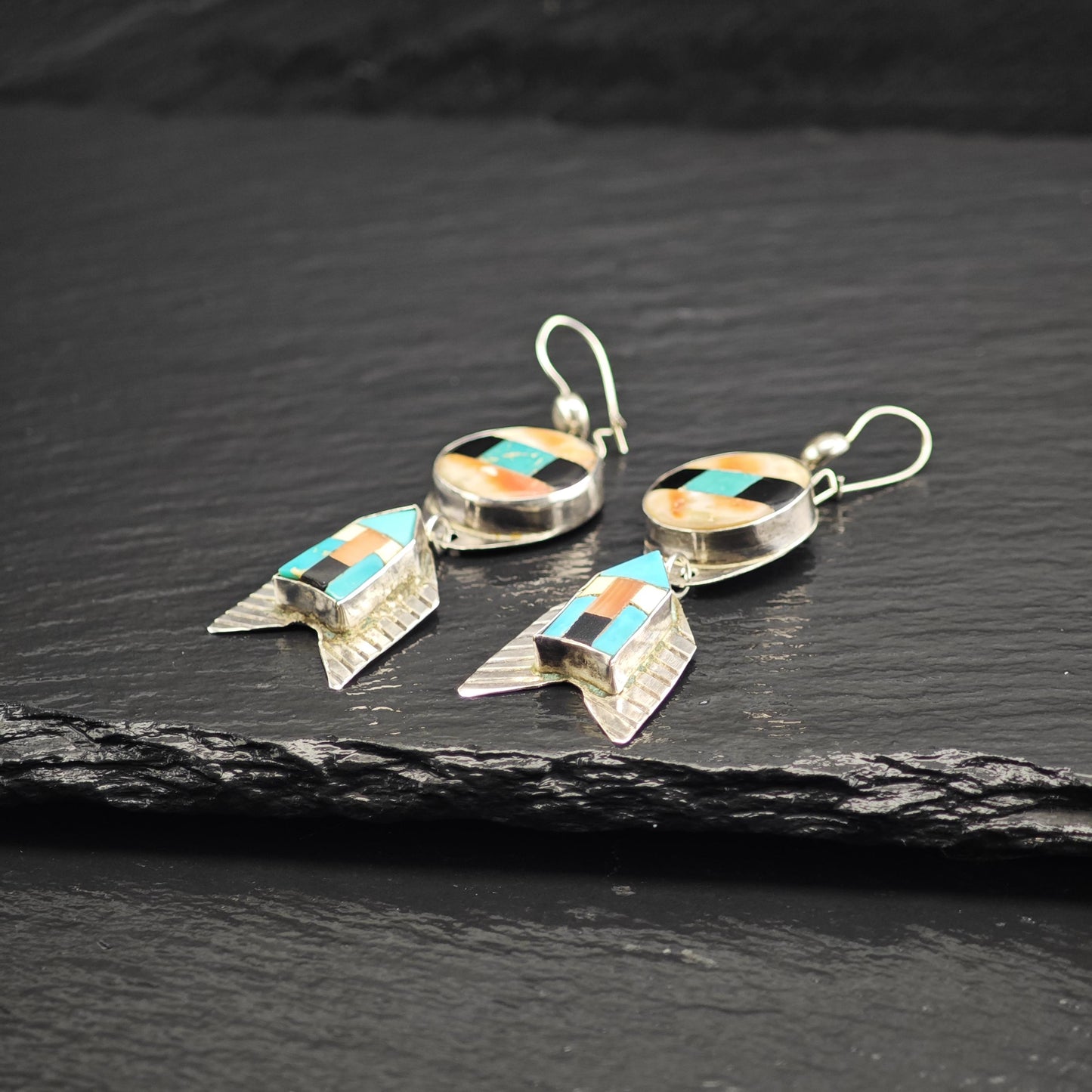 Vintage SW Style Inlay Arrowhead Kidney Wire Sterling Silver Earrings ER3198