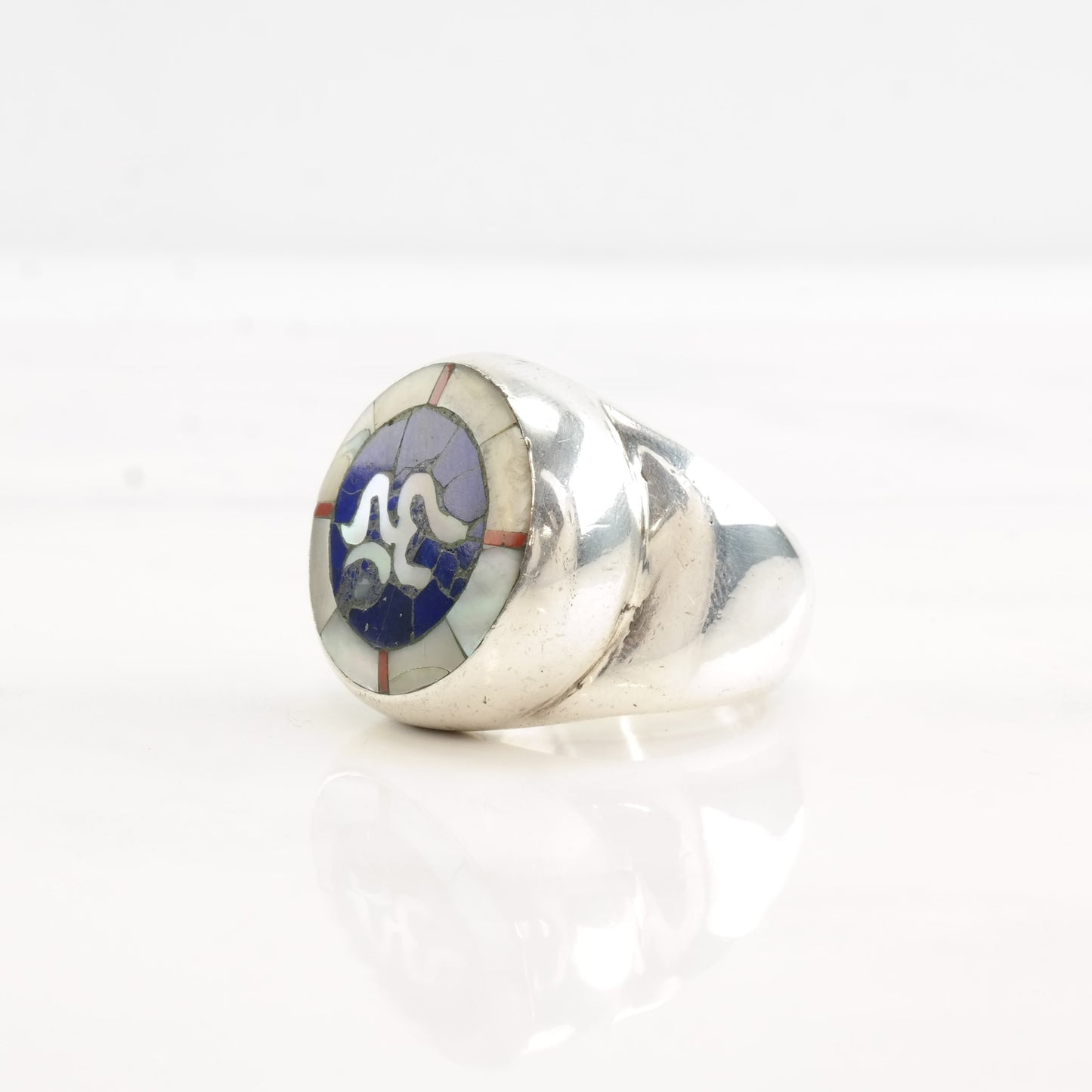 Middle Eastern Silver Ring MOP Lapis Coral Inlay Sterling Size 7 3/4