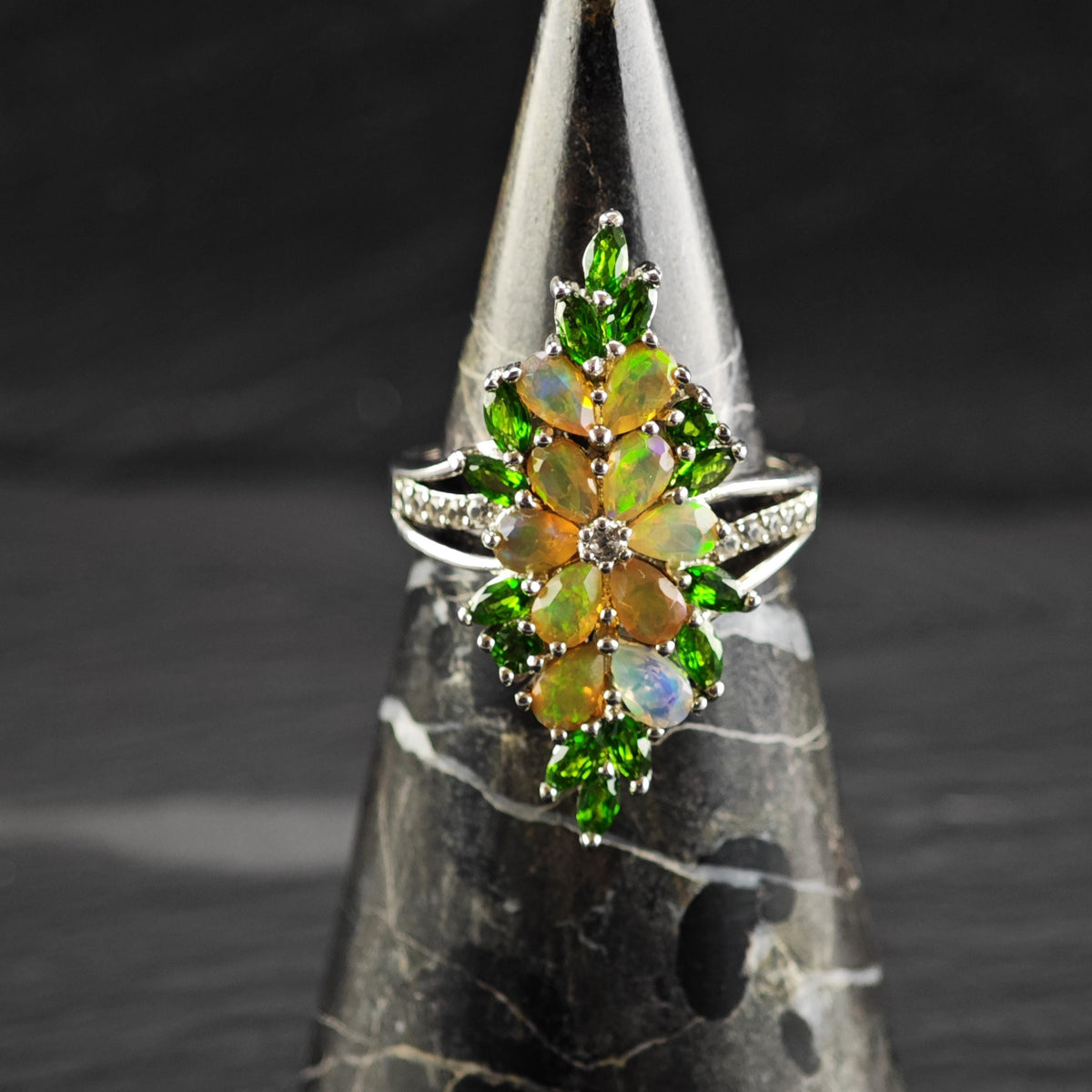 Opal Diopside Floral Cluster Sterling Silver Ring Sz 9 R6876