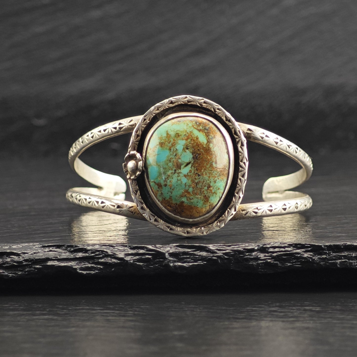 SW Turquoise Stamped Floral Detailed Sterling Silver Cuff Sz 6" BR3138
