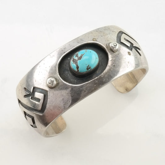 Native American Sterling Silver Cuff Bracelet Blue Turquoise Overlay