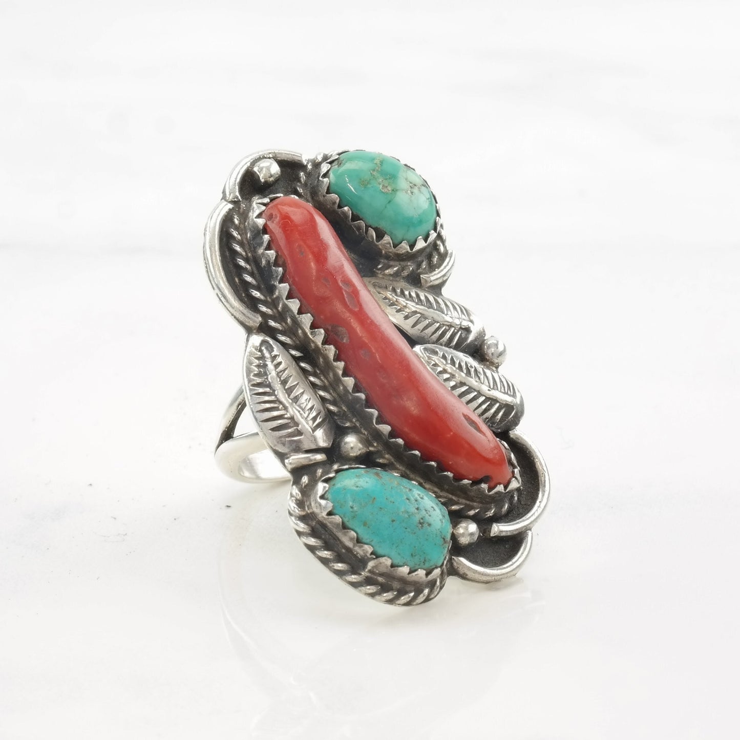 Native American Ring Coral, Turquoise Feather Sterling Silver Size 4