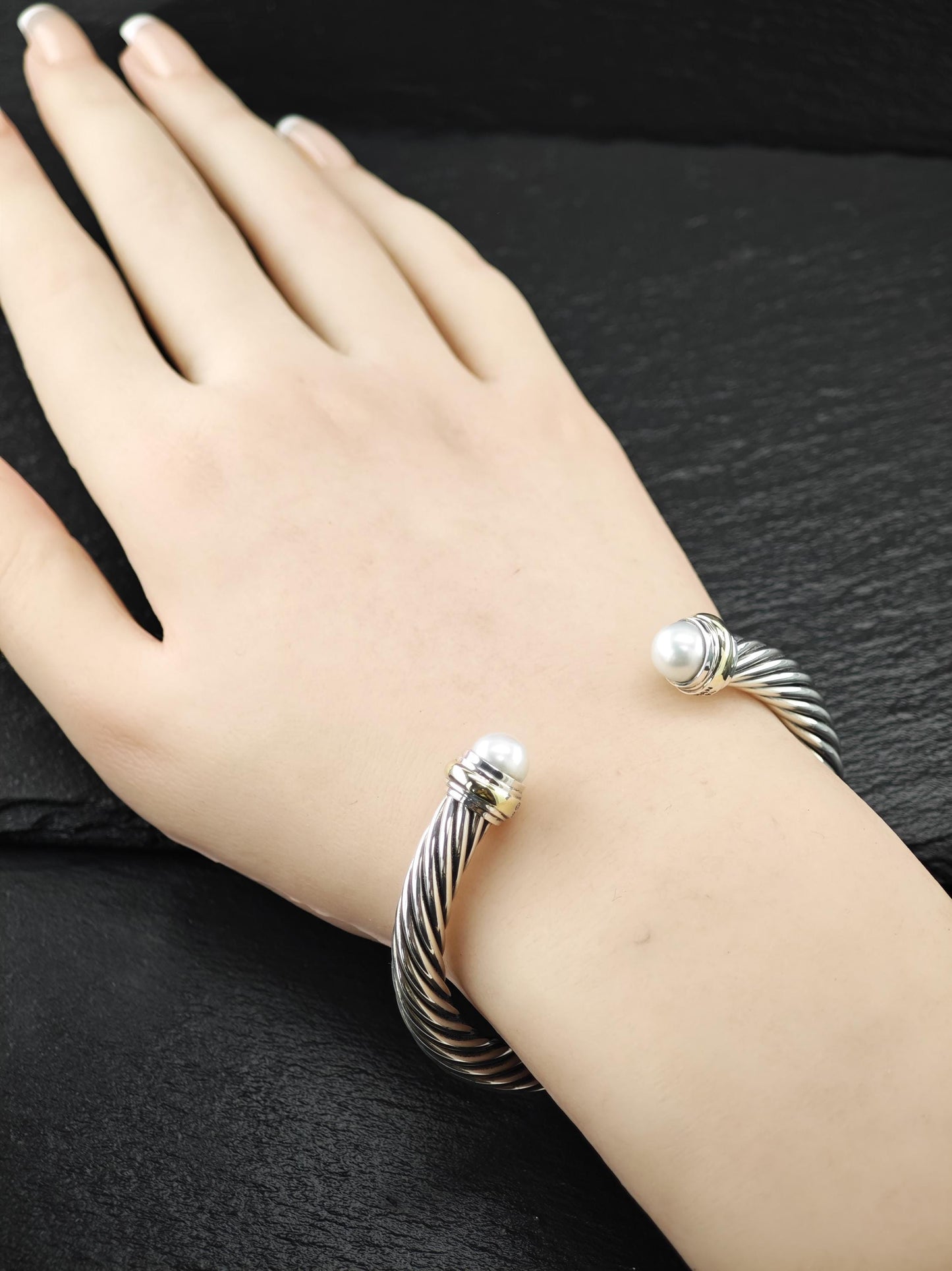 David Yurman 7mm 14K Gold, Pearl Cable Cuff Bracelet Sterling Silver