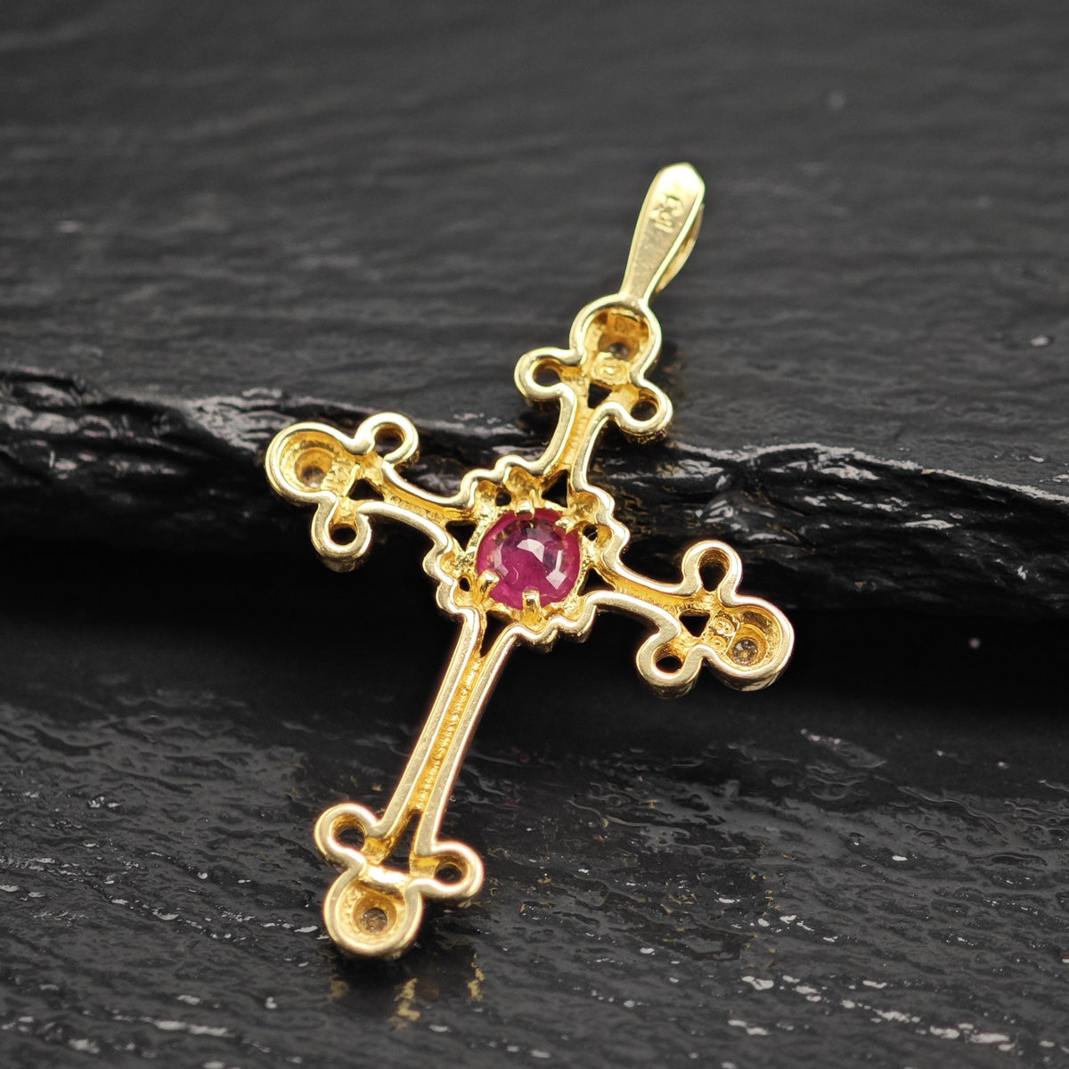 Natural Ruby Diamonds 14K Gold Cross Pendant P3103