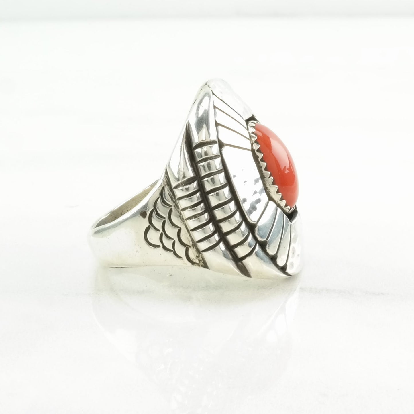 Native American Silver Ring Coral Shadowbox Sterling Red Size 11 1/4