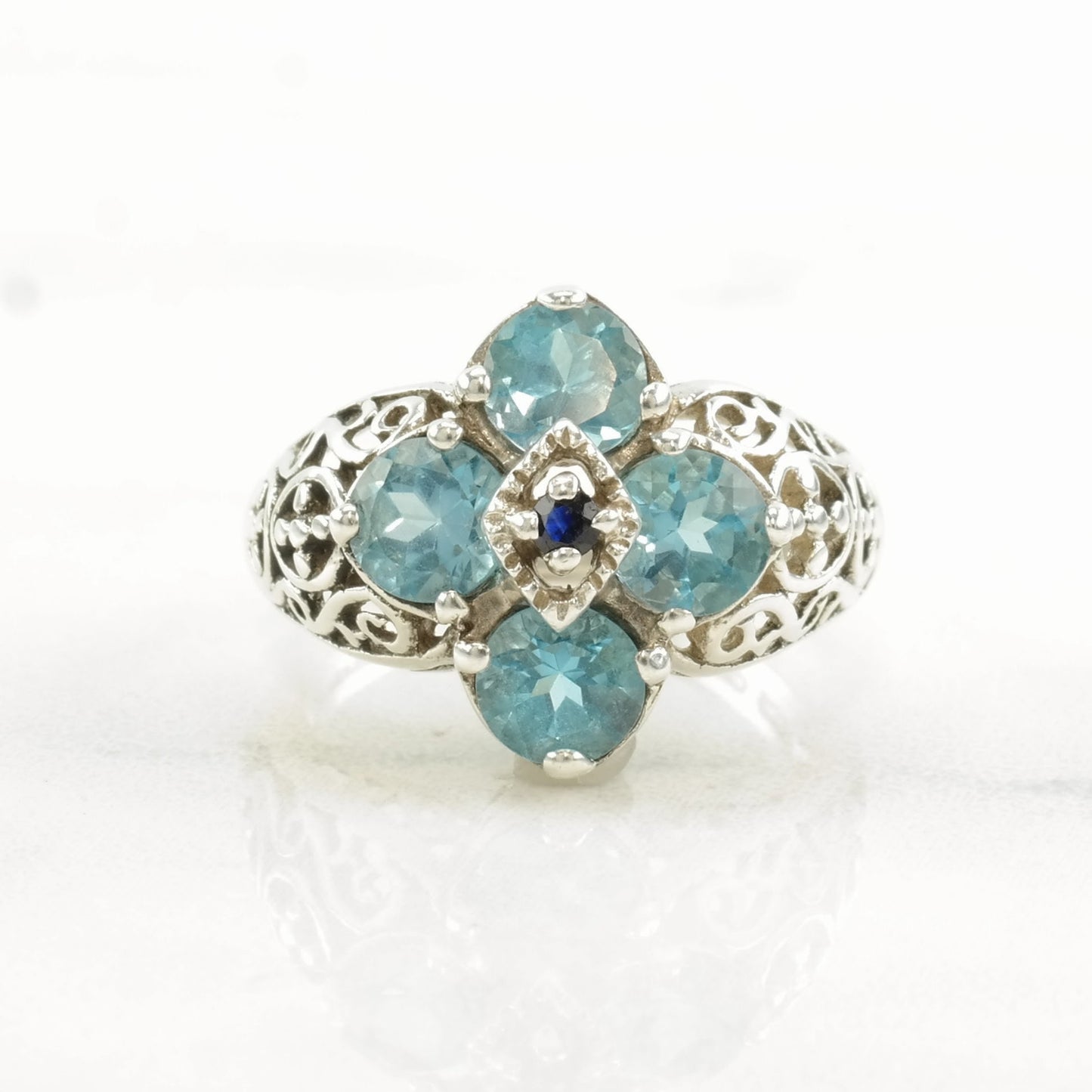 Sterling Silver Ring Topaz, Sapphire Flower Size 6