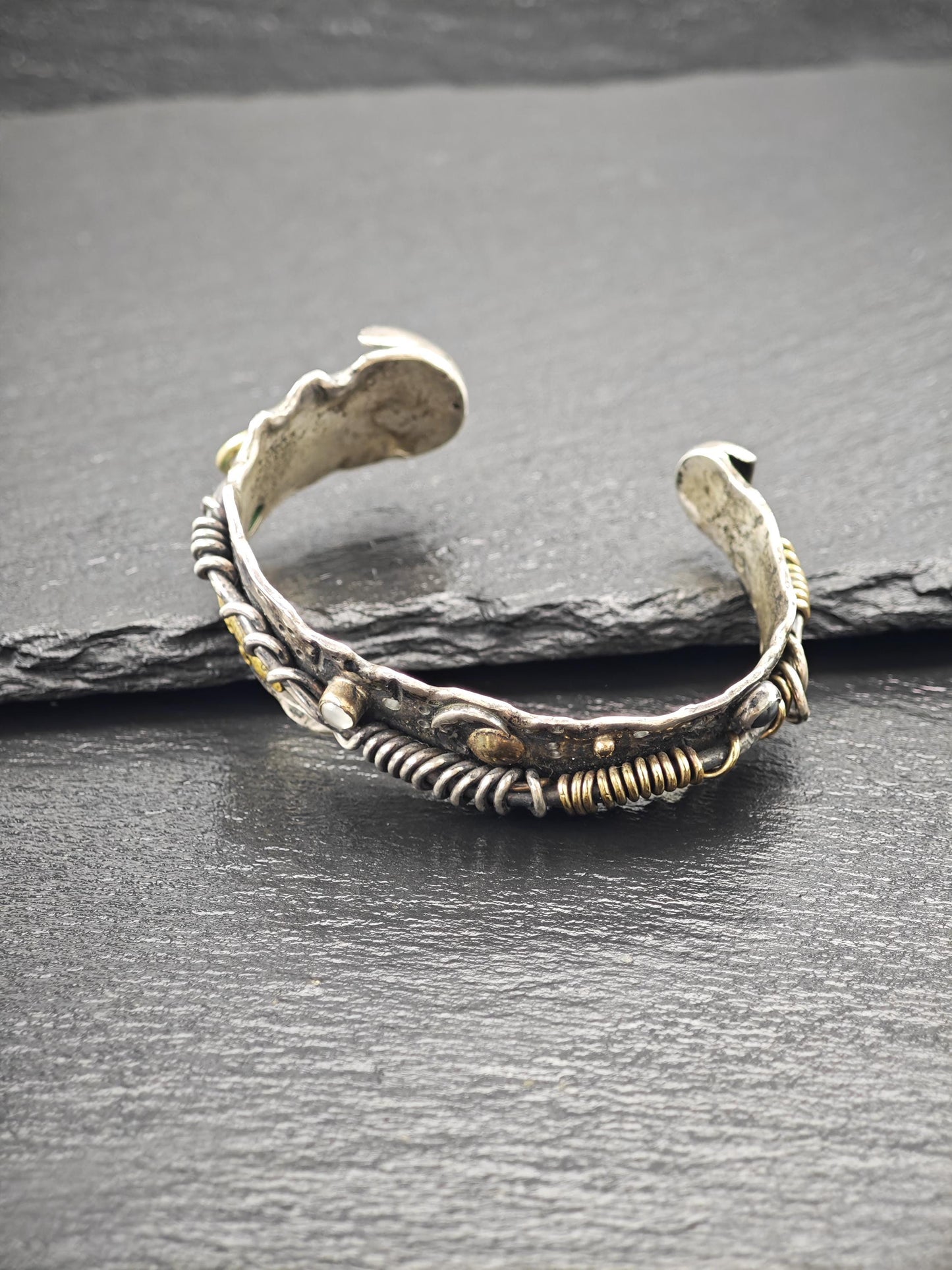 Brutalist Alligator, Moonstone, Onyx 14K Gold Accents Cuff Bracelet Sterling Silver