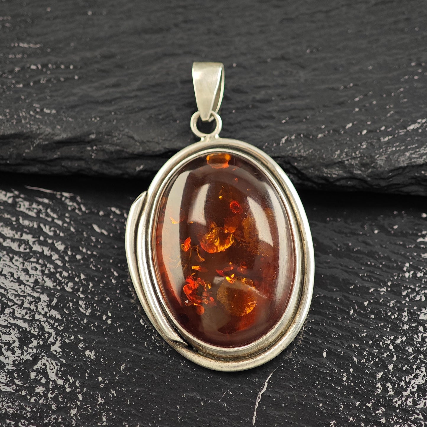 Vintage Oval Amber Pendant Sterling Silver
