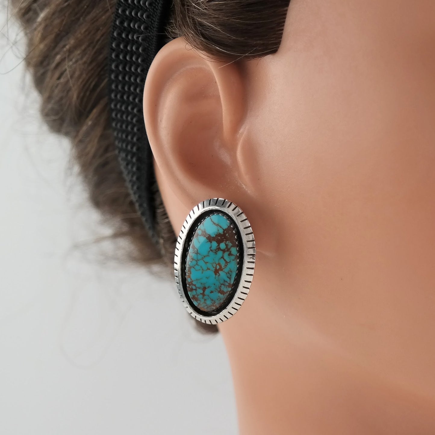 Native American Sterling Silver Spiderweb Turquoise Earrings Clip on