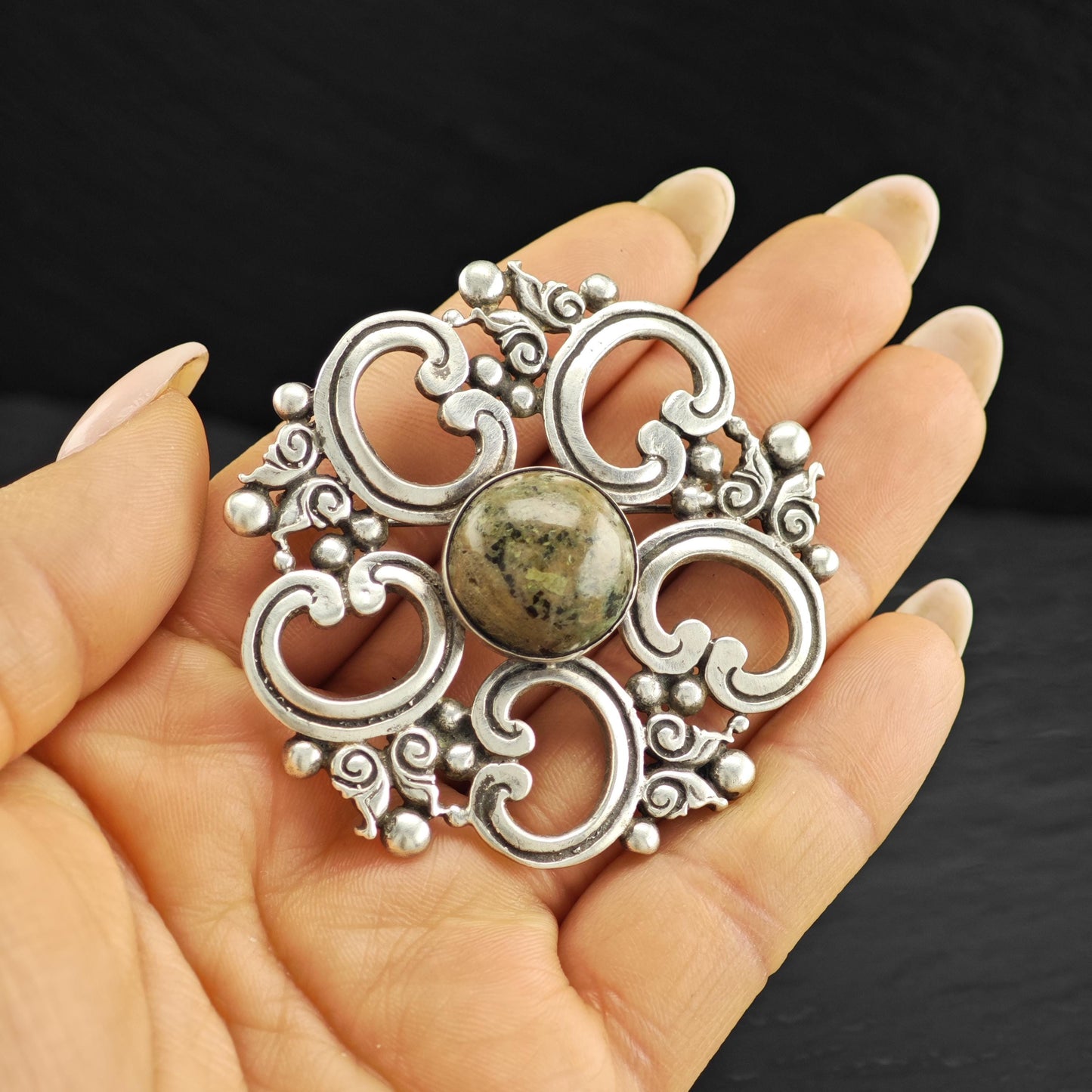Taxco Multi-Color Serpentine Brooch in Sterling Silver Geometric Design