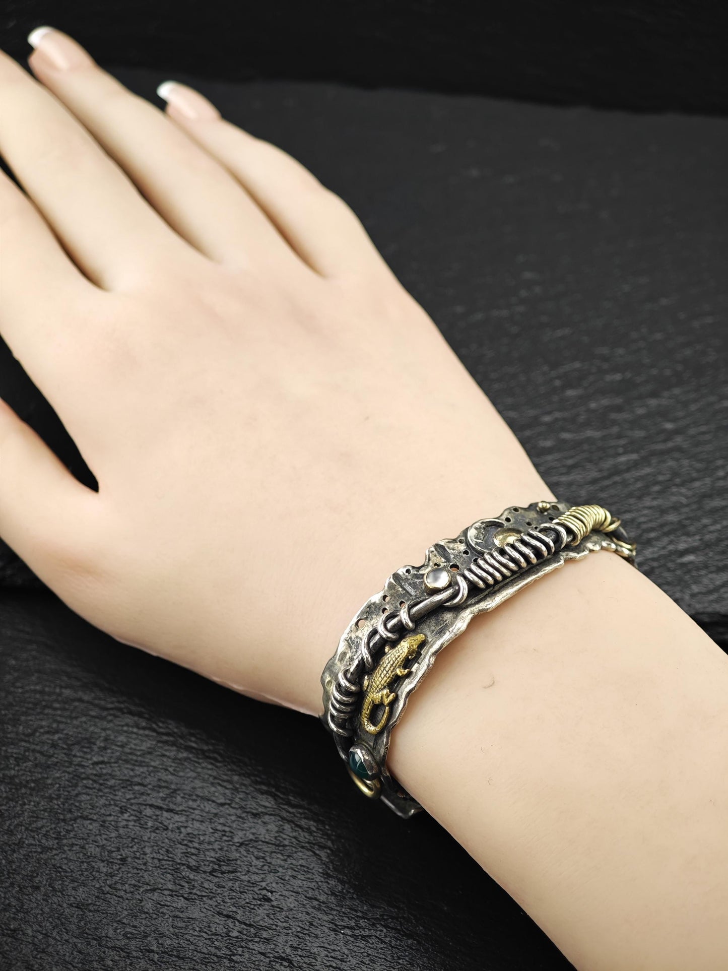 Brutalist Alligator, Moonstone, Onyx 14K Gold Accents Cuff Bracelet Sterling Silver