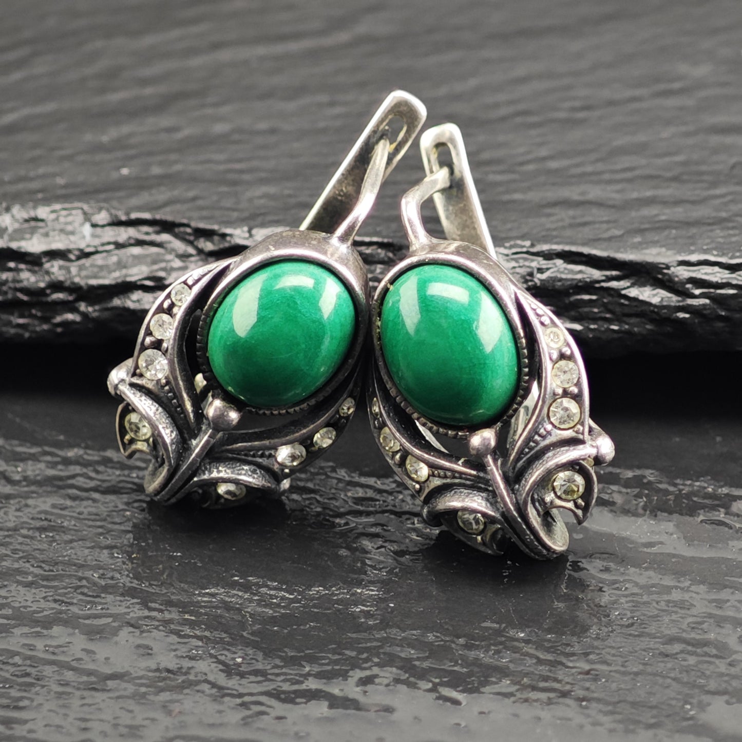 European, Art Deco St Green Malachite Rhinestone Sterling Silver Latch Earrings ER3118