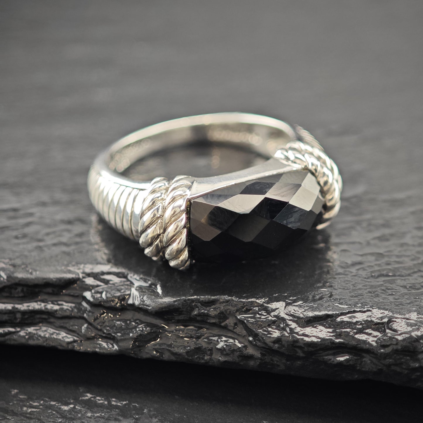 Judith Ripka Faceted Black Onyx Ring Sterling Silver Sz 9