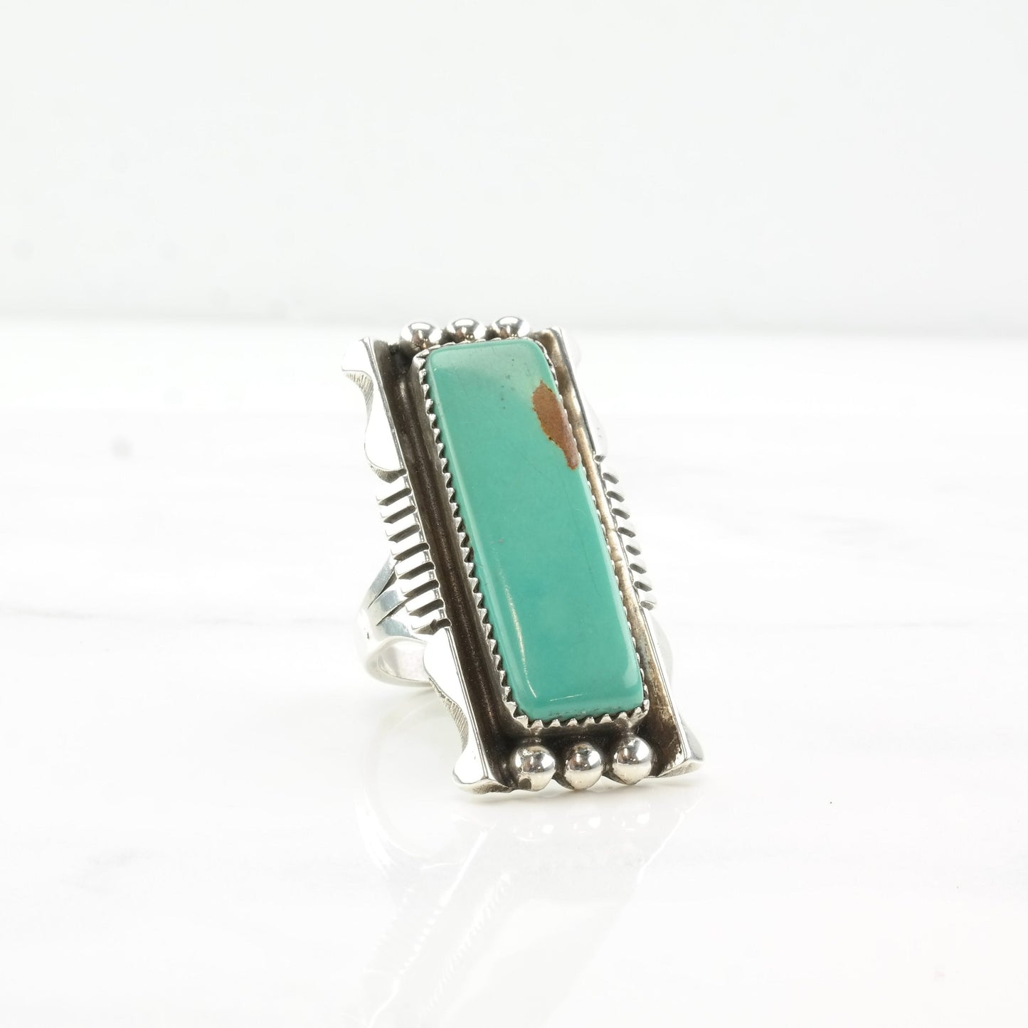 Native American Silver Ring Turquoise Long Rectangle Shadowbox Sterling Size 8 1/2