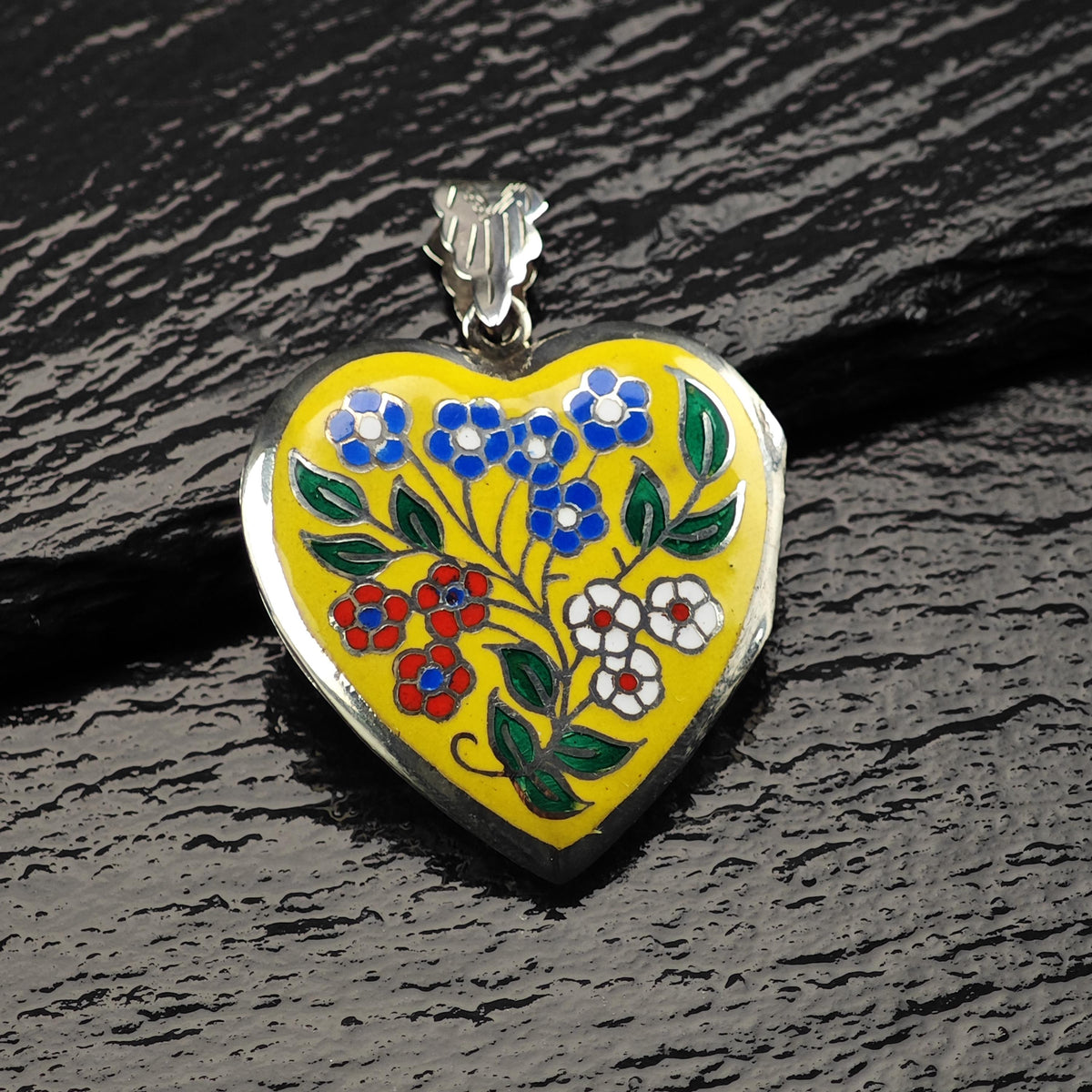 Enamel Heart Floral Locket Sterling Silver Pendant P3159